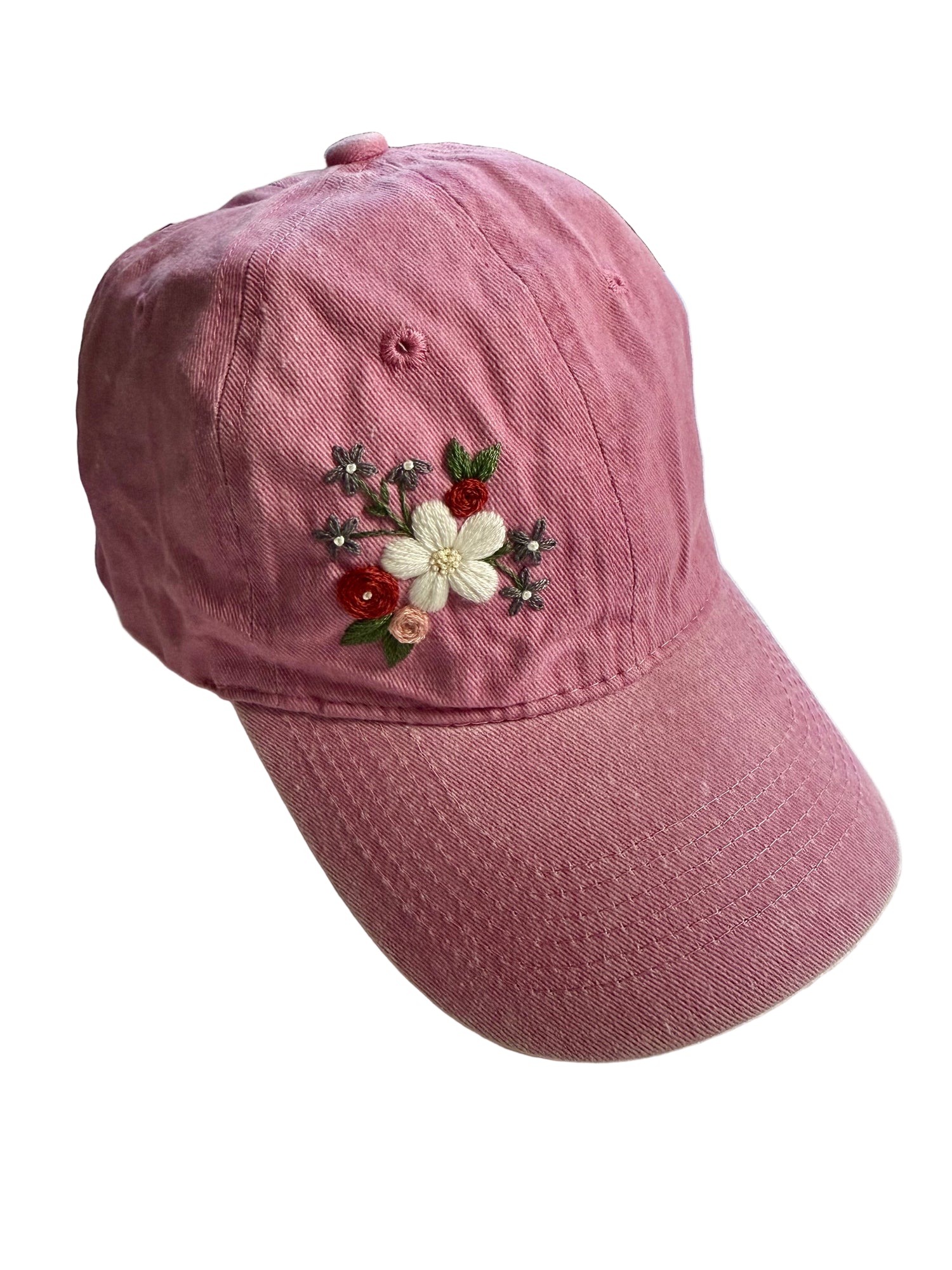 White Flower Embroidered Pink Baseball Cap